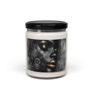 Candle jar with steampunk art design label.