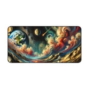 Colorful cosmic landscape with planets and clouds.