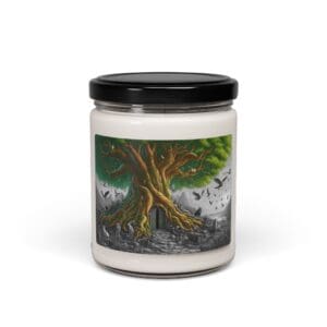 Jar candle with tree illustration label.