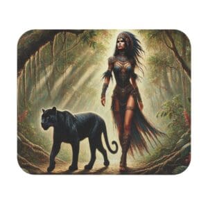 Warrior woman and panther in jungle scene.