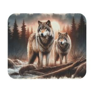 Wolves standing in a forested landscape.