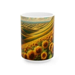 Sunflowers on mug with rolling hills design.