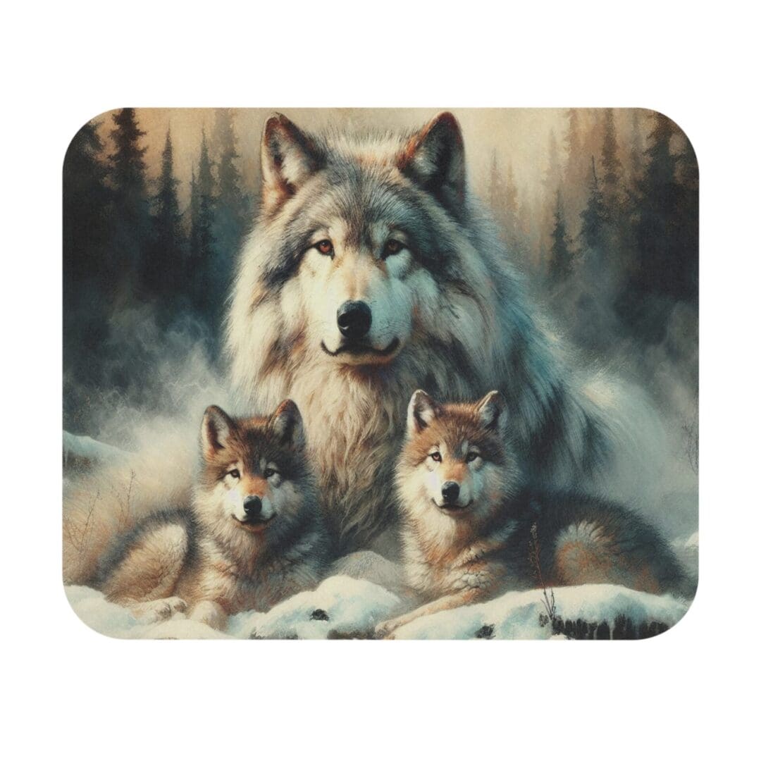 Wolf with two pups in snowy forest.