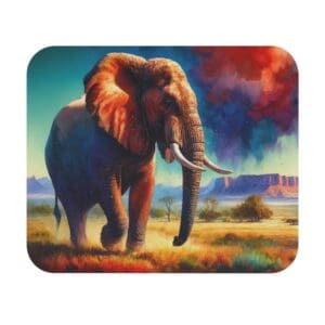 Elephant in vibrant, surreal landscape painting.
