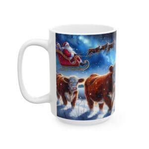 Santa, sleigh, cows, and reindeer on mug.