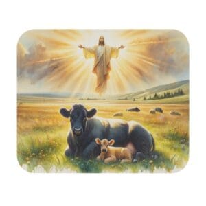 Figure ascending above cows in a field.