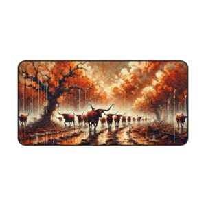 Cattle walking through autumn landscape in rain.