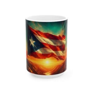 Mug with Puerto Rican flag and sunset.