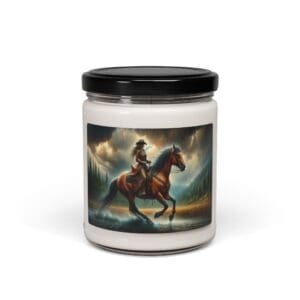 Candle jar with horse and rider illustration.