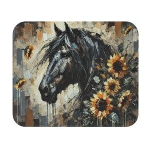 Horse with sunflowers in artistic painting.