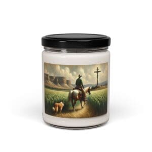 Candle jar with cowboy and dog illustration.