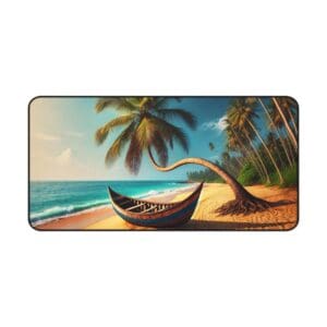 Tropical beach with boat and palm trees.