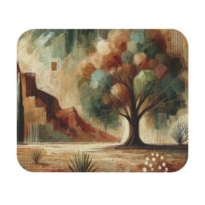 Abstract landscape with tree and geometric shapes.