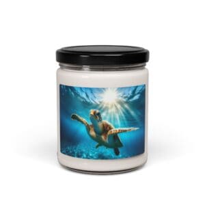 Candle jar with sea turtle design.