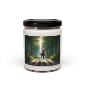 Candle jar with horse and forest image.