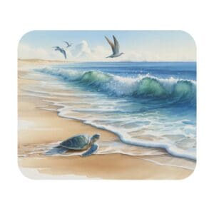 Sea turtle on beach with seagulls flying.