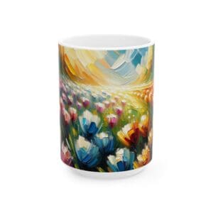 Colorful abstract floral design on a mug.