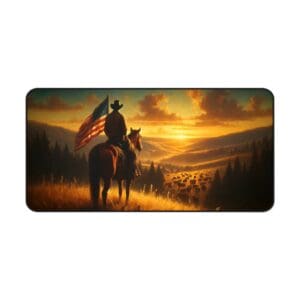 Cowboy with flag overlooking sunset valley.