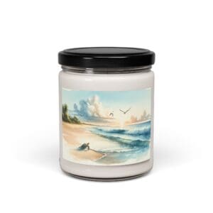 Candle jar with beach scene illustration.