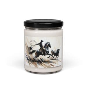 Candle jar featuring cowboy and cattle illustration.