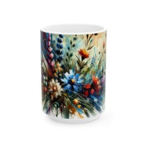 Colorful floral mug with abstract design.