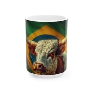 Bull illustration on Brazilian flag mug.