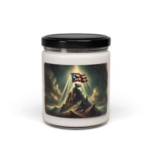 Jar candle with American flag design label.