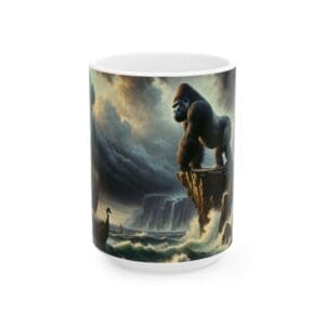 Gorilla on cliff overlooking stormy sea.