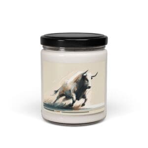 Candle jar with charging bull illustration.