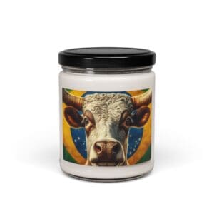 Candle jar with cow and Brazilian flag.