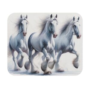 Three majestic white horses running together.