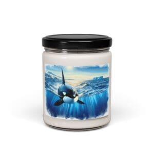 Orca-themed candle jar with ocean background.
