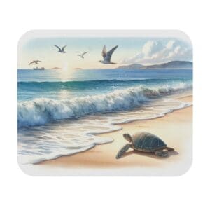 Turtle on beach with birds and waves.