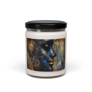 Candle jar with abstract face design label.