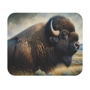 Painting of a bison in a field.