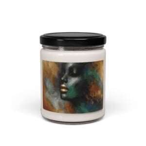 Candle jar with abstract face artwork.