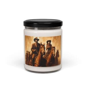 Jar candle featuring cowboy painting design.