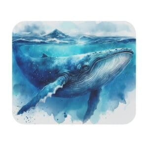 Blue whale underwater with mountain background.