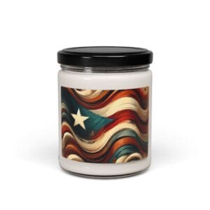 Candle jar with abstract flag design.