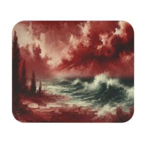 Dramatic red seascape painting with waves.