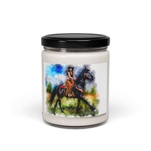 Candle jar with horse rider artwork label.