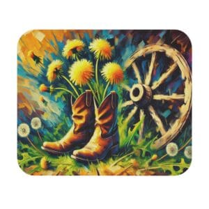 Cowboy boots, dandelions, and wagon wheel.