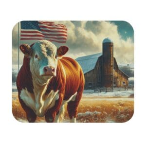 Cow in snowy field, barn, and flag.