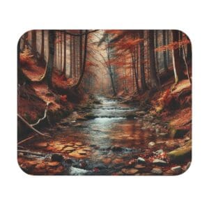Autumn forest with stream and colorful leaves.