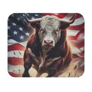 Bull charging in front of American flag.