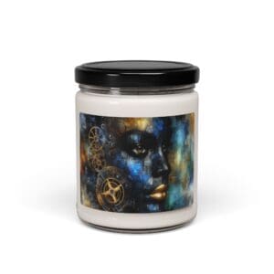 Jar candle with abstract face design label.