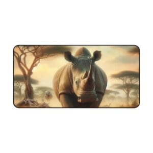 Rhino standing in African savanna at sunset.