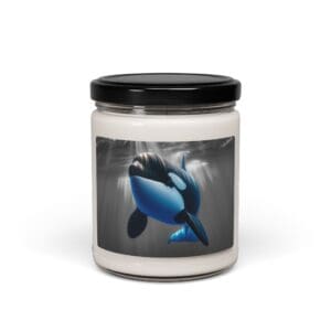 Orca image on white candle jar.