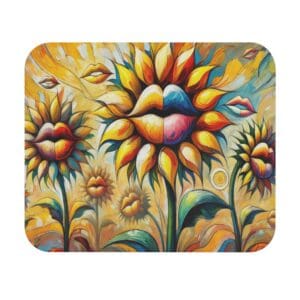 Colorful sunflowers with lips in surreal style.