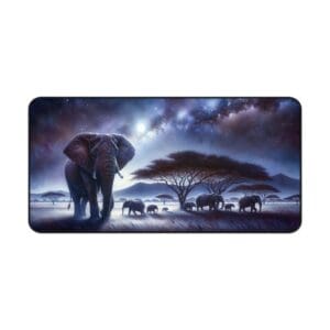 Elephants under starry sky in savannah.